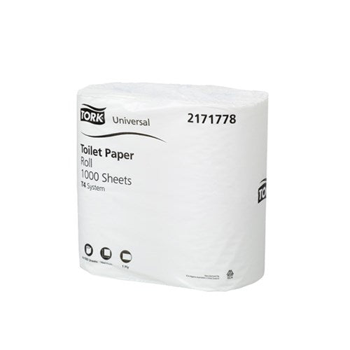TORK UNIVERSAL 1PLY TOILET PAPER 1000 SHEETS PER ROLL - 4PACK